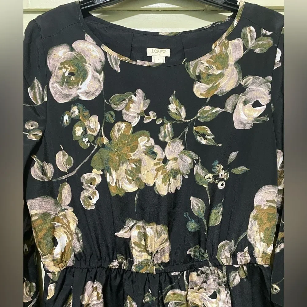J. Crew Dark Floral Size‎ 8 Chiffon Dress Faux Wrap Tulip Hem Floral Watercolor